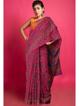 Unnati Silks - Pink Pure Hand Block Printed Kota Saree with Unstitched Blouse