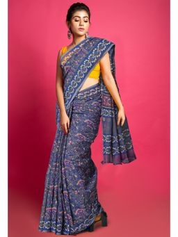 Unnati Silks - Grey Pure Hand Block Printed Kota Saree with Unstitched Blouse