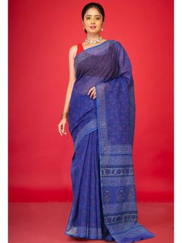 Unnati Silks - Blue Pure Hand Block Printed Kota Saree with Unstitched Blouse