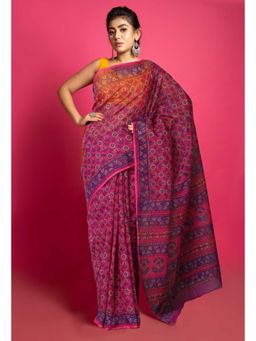 Unnati Silks - Pink Pure Hand Block Printed Kota Saree with Unstitched Blouse