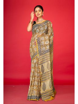 Unnati Silks - Yellow Pure Bagru Block Printed Kota Saree with Unstitched Blouse