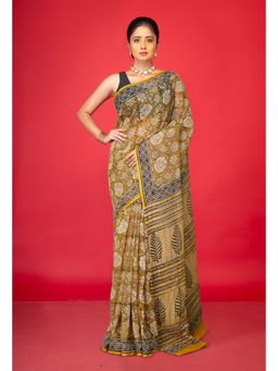 Unnati Silks - Yellow Pure Bagru Block Printed Kota Saree with Unstitched Blouse