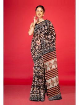 Unnati Silks - Black Pure Bagru Block Printed Kota Saree with Unstitched Blouse