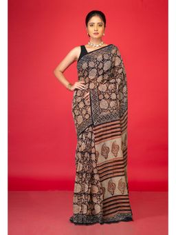 Unnati Silks - Black Pure Bagru Block Printed Kota Saree with Unstitched Blouse