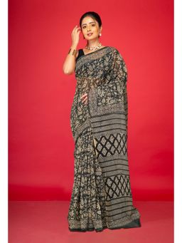 Unnati Silks - Green Pure Bagru Block Printed Kota Saree with Unstitched Blouse