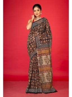 Unnati Silks - Black Pure Bagru Block Printed Kota Saree with Unstitched Blouse