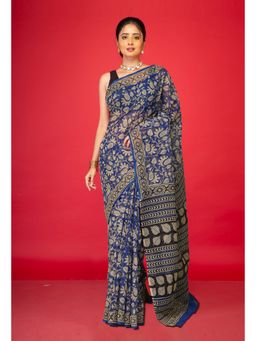 Unnati Silks - Blue Pure Bagru Block Printed Kota Saree with Unstitched Blouse