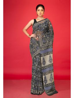 Unnati Silks - Olive Pure Ajrakh Block Printed Kota Saree with Unstitched Blouse