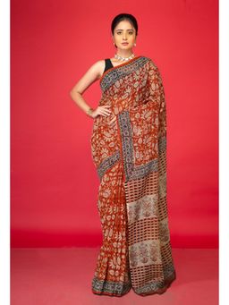 Unnati Silks - Red Pure Ajrakh Block Printed Kota Saree with Unstitched Blouse