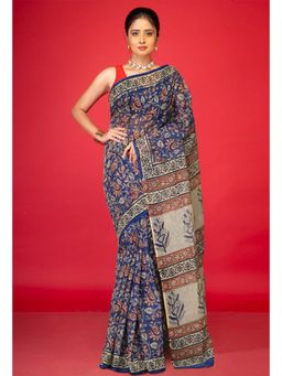 Unnati Silks - Blue Pure Ajrakh Block Printed Kota Saree with Unstitched Blouse
