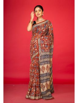 Unnati Silks - Red Pure Ajrakh Block Printed Kota Saree with Unstitched Blouse