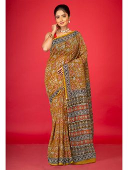 Unnati Silks - Yellow Pure Ajrakh Block Printed Kota Saree with Unstitched Blouse