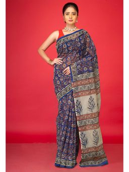 Unnati Silks - Blue Pure Ajrakh Block Printed Kota Saree with Unstitched Blouse