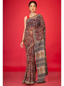 Unnati Silks - Red Pure Ajrakh Block Printed Kota Saree with Unstitched Blouse