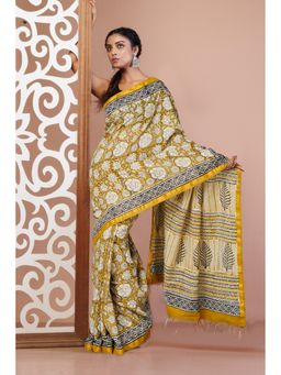 Unnati Silks - Yellow Pure Bagru Printed Pashmina Sico Saree with Unstitched Blouse