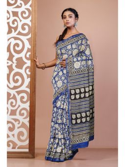 Unnati Silks - Blue Pure Bagru Printed Pashmina Sico Saree with Unstitched Blouse