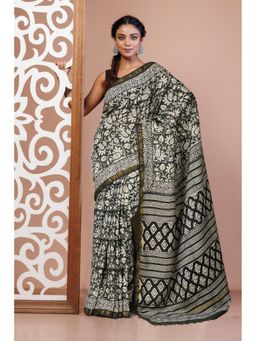 Unnati Silks - Green Pure Bagru Printed Pashmina Sico Saree with Unstitched Blouse