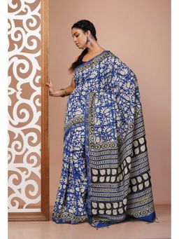 Unnati Silks - Blue Pure Bagru Printed Pashmina Sico Saree with Unstitched Blouse