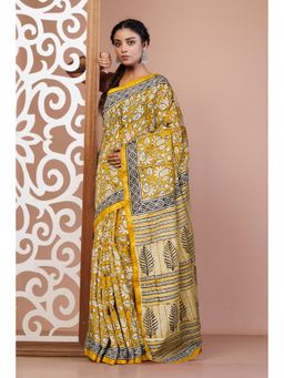 Unnati Silks - Yellow Pure Bagru Printed Pashmina Sico Saree with Unstitched Blouse