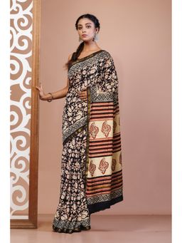 Unnati Silks - Black Pure Bagru Printed Pashmina Sico Saree with Unstitched Blouse