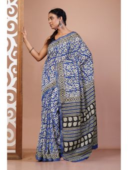 Unnati Silks - Blue Pure Bagru Printed Pashmina Sico Saree with Unstitched Blouse