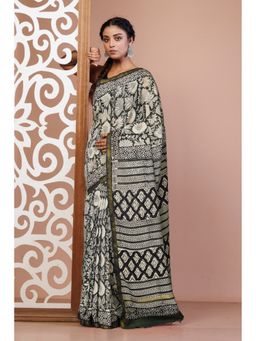 Unnati Silks - Green Pure Bagru Printed Pashmina Sico Saree with Unstitched Blouse