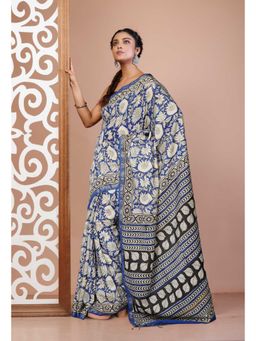 Unnati Silks - Blue Pure Bagru Printed Pashmina Sico Saree with Unstitched Blouse