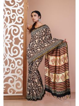 Unnati Silks - Black Pure Bagru Printed Pashmina Sico Saree with Unstitched Blouse
