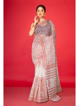 Unnati Silks - Ivory Peach Pink Pure Block Printed Fancy Checks Supernet Saree without Blouse