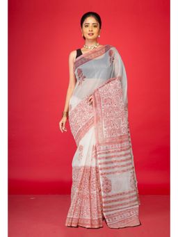 Unnati Silks - Ivory Peach Pink Pure Block Printed Fancy Checks Supernet Saree without Blouse