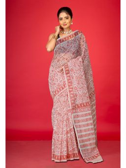 Unnati Silks - Ivory Peach Pink Pure Block Printed Fancy Checks Supernet Saree without Blouse