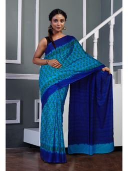 Unnati Silks - Blue Dark Blue Pure Hand Block Printed Soft Cotton Saree with Unstitched Blouse