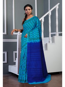 Unnati Silks - Blue Dark Blue Pure Hand Block Printed Soft Cotton Saree with Unstitched Blouse