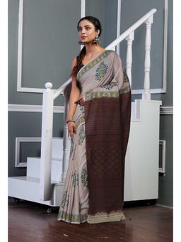 Unnati Silks - Beige Brown Pure Hand Block Printed Soft Cotton Saree with Unstitched Blouse