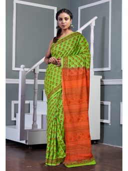 Unnati Silks - Green Peach Red Pure Hand Block Printed Soft Cotton Saree with Unstitched Blouse