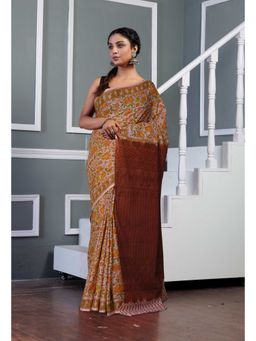 Unnati Silks - Light Pink Brown Pure Hand Block Printed Soft Cotton Saree with Unstitched Blouse