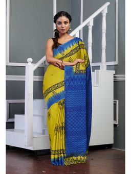 Unnati Silks - Mehendi Green Blue Pure Hand Block Printed Soft Cotton Saree with Unstitched Blouse