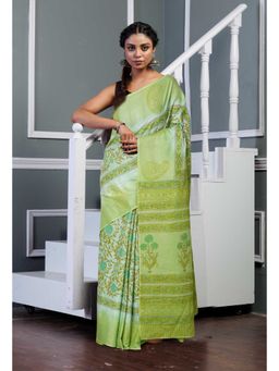 Unnati Silks - Green Pure Hand Block Printed Soft Cotton Saree with Unstitched Blouse