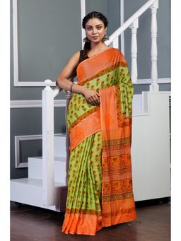 Unnati Silks - Green Orange Pure Hand Block Printed Soft Cotton Saree with Unstitched Blouse