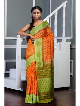 Unnati Silks - Orange Green Pure Hand Block Printed Soft Cotton Saree with Unstitched Blouse