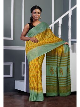 Unnati Silks - Yellow Green Pure Hand Block Printed Soft Cotton Saree with Unstitched Blouse