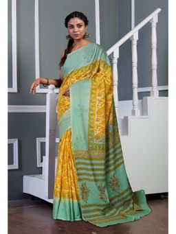 Unnati Silks - Yellow Green Pure Hand Block Printed Soft Cotton Saree with Unstitched Blouse