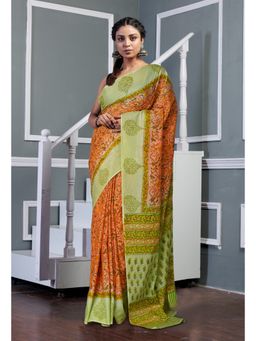 Unnati Silks - Orange Green Pure Hand Block Printed Soft Cotton Saree with Unstitched Blouse