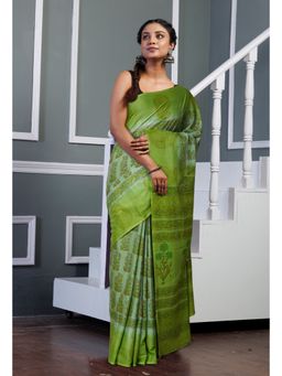 Unnati Silks - Green Pure Hand Block Printed Soft Cotton Saree with Unstitched Blouse