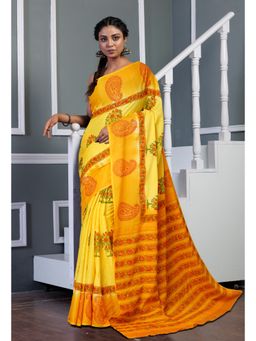 Unnati Silks - Yellow Mustard Yellow Pure Hand Block Printed Soft Cotton Saree with Unstitched Blouse
