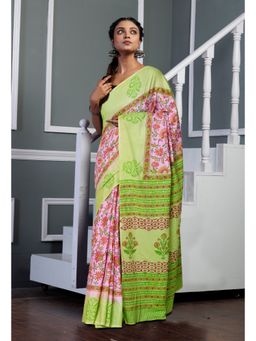 Unnati Silks - Pink Green Pure Hand Block Printed Soft Cotton Saree with Unstitched Blouse