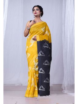 Unnati Silks - Yellow Navy Blue Pure Tie and Dye Shibori Soft Silk Saree with Unstitched Blouse