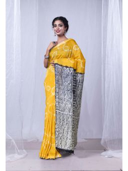 Unnati Silks - Yellow Navy Blue Pure Tie and Dye Shibori Soft Silk Saree with Unstitched Blouse