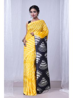 Unnati Silks - Yellow Navy Blue Pure Tie and Dye Shibori Soft Silk Saree with Unstitched Blouse