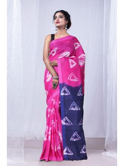 Unnati Silks - Pink Navy Blue Pure Tie and Dye Shibori Printed Soft Silk Saree with Unstitched Blouse